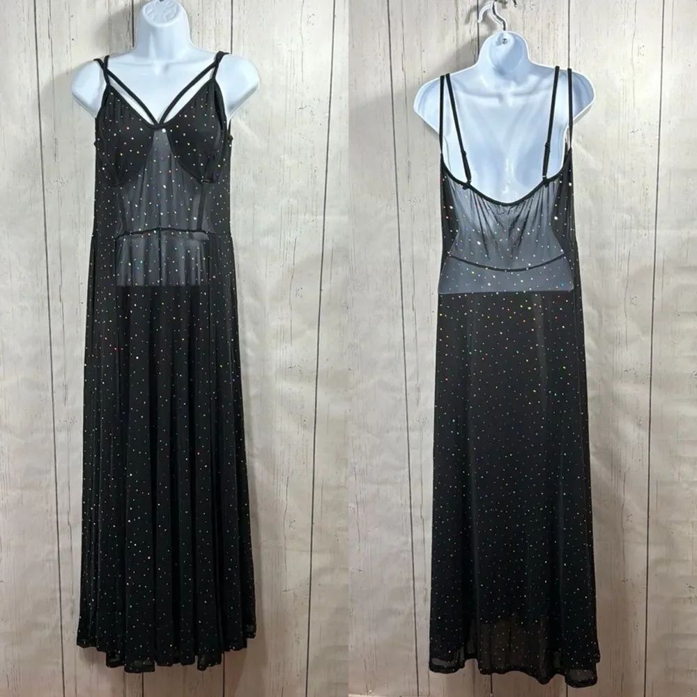 Black Mesh Rhinestone Maxi Dress Sheer Sleeveless Party Festival Goth Grunge